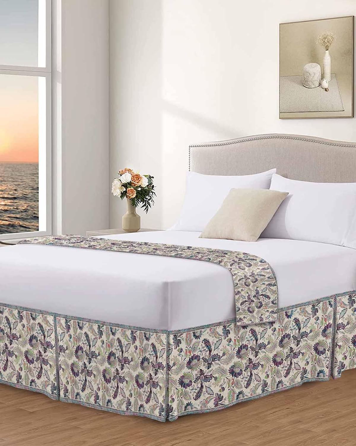 Bed Skirt King Size Paisley Ethnic Style Pleated Dust Ruffle Easy Fit Bedskirts with 16 Inch Drop Purple Vintage Floral Wrinkle and Fade Resistant Bedroom Decor
