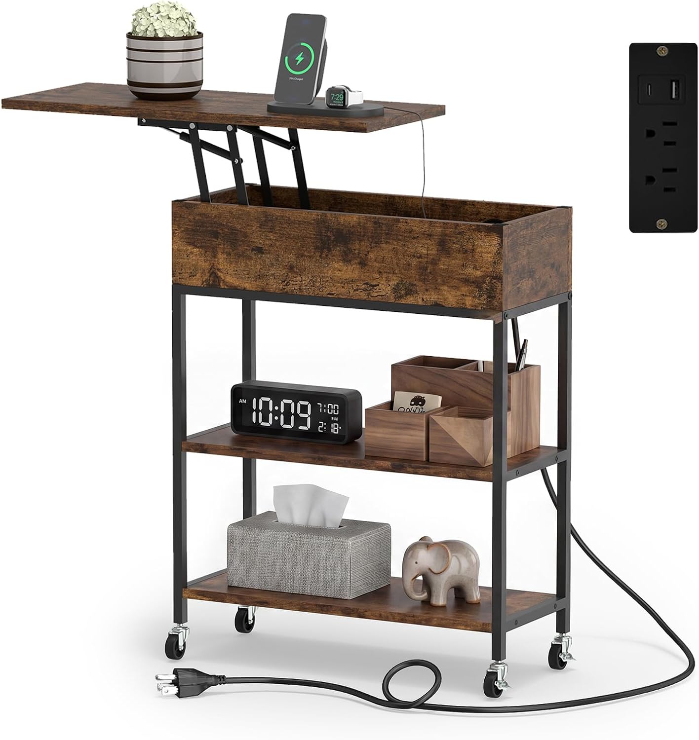 Giantex Lift Top End Table with Charging Station, Narrow Side Table with Hidden Storage, USB and Type-C Ports, Rolling Sofa Table with Lockable Wheels for Living Room Bedroom, Rustic Brown