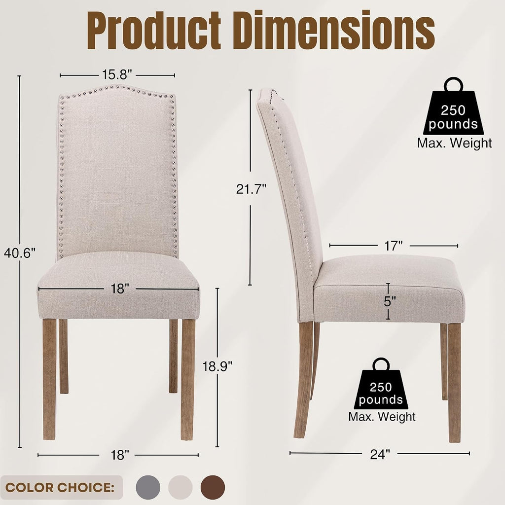 Upholstered Dining Chair Modern Stylish Parsons Kitchen Diner High Back with Silver Nailhead Trim & Wood Legs, Set of 2
