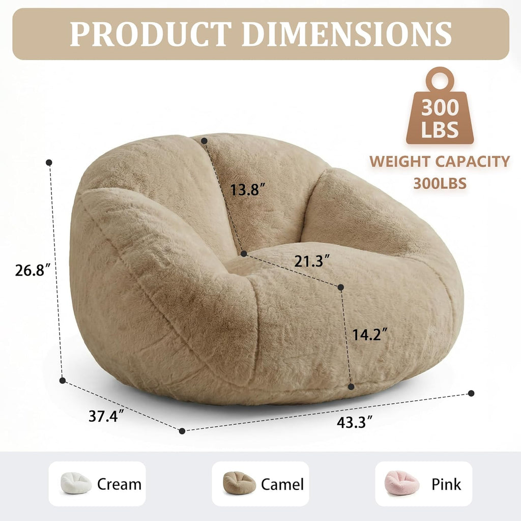 MOJAY Bean Bag Chair for Adults, Floral Shaped Bean Bags, Deep Sink-in Breathable Memory Foam Teen Bean Bag Chair, Easy to Clean Faux Fur Bean Bag Sofa, Comfy Chair for Living Room & Dorm (Camel)