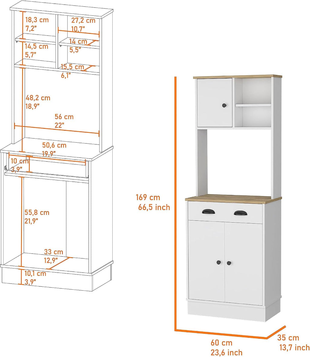 2-Door Cabinet Microwave Kitchen Pantry in White and Macadamia,Buffet Kitchen Sideboard,for Kitchen,Dining Room,13.78 * 23.62 * 66.54