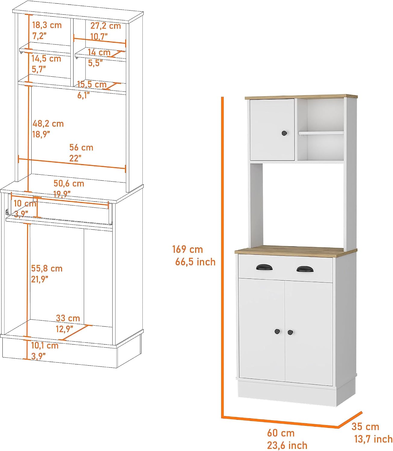 2-Door Cabinet Microwave Kitchen Pantry in White and Macadamia,Buffet Kitchen Sideboard,for Kitchen,Dining Room,13.78 * 23.62 * 66.54