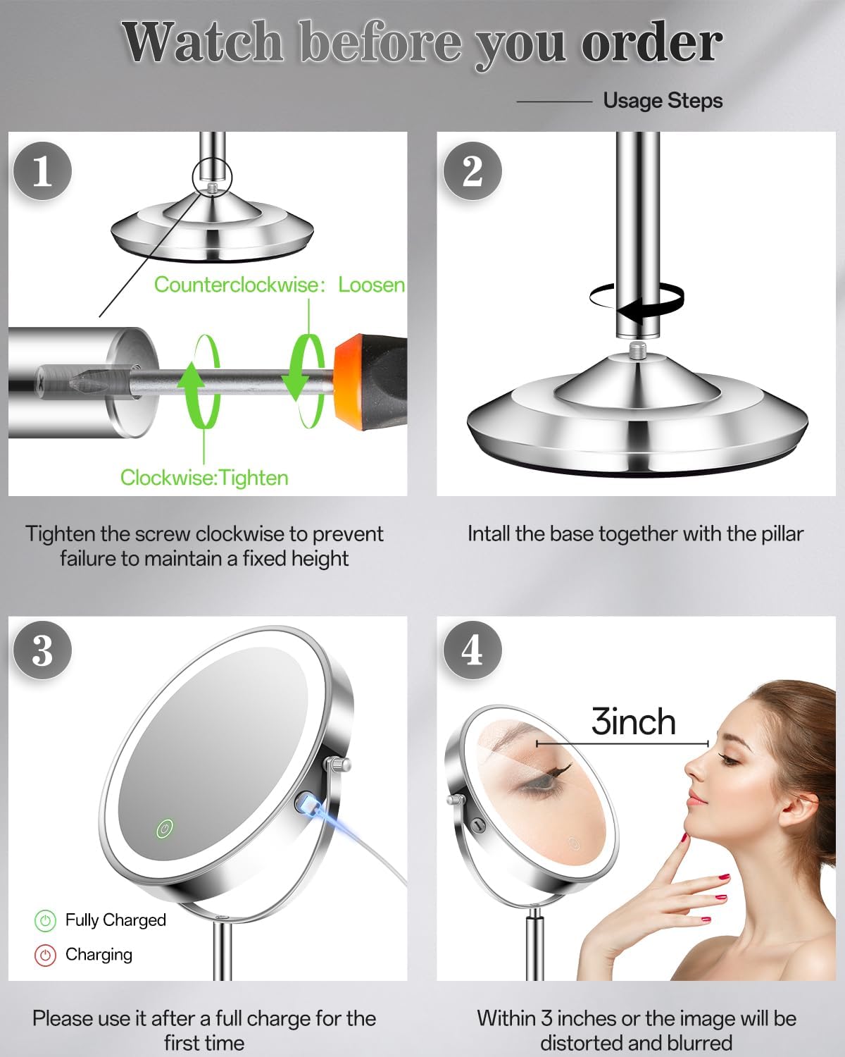 vpu Makeup Mirror with Lights, 1X/30X Lighted Magnifying Mirror Height Adjustable, 3000mAh Rechargeable Double Sided Vanity Mirrors with 3 LED Lighting and Adjustable Brightness for Desk Women Gift