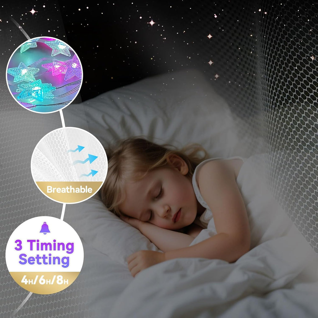 Obrecis Bed Canopy with LED Star Lights, Princess Canopy Bed Curtain with 18 Colors Changing String Lights Remote Timer for Girls Bedroom, Pink Red Blue White Dome Canopy for Twin to King Size Bed