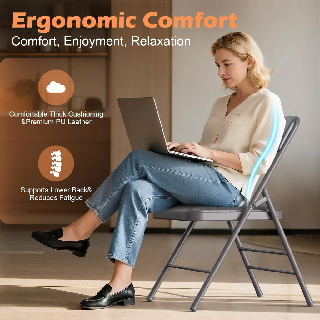 VTOY Commercial Grade Folding Chair with Padded Fabric Cushion（16"X16" |Double-hinged Legs Luxury Style|4.5kg Capacity Max Weight 150Kg for Home and Office,Indoor and Outdoor Events (2, PU-Gray)