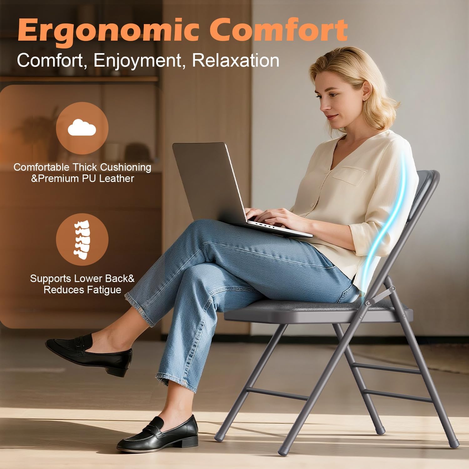 VTOY Commercial Grade Folding Chair with Padded Fabric Cushion（16"X16" |Double-hinged Legs Luxury Style|4.5kg Capacity Max Weight 150Kg for Home and Office,Indoor and Outdoor Events (2, PU-Gray)