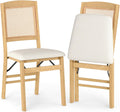 KOTEK Folding Dining Chairs Set of 2, Wooden Kitchen Chairs with Padded Seat & Rattan Backrest, Foldable Armless Side Chairs for Dining Room, Living Room (Natural & Beige)