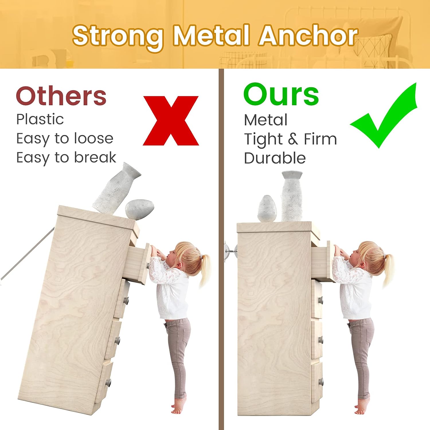 Booda Brand Furniture Anchors (10 Pack) for Baby Proofing, Furniture Straps Anti Tip Furniture Anchor Securing 400 lbs/Keep Baby Pet Safety from Falling Furniture, Metal White Earthquake Straps