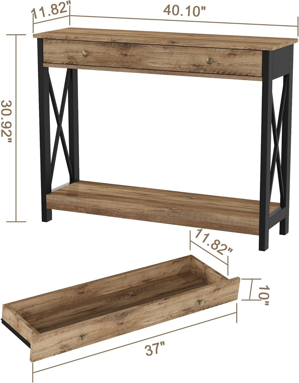 Treocho Console Table with Drawer and Storage Shelves, Foyer Sofa Table Narrow for Entryway, Living Room, Hallway Rustic Oak & Black