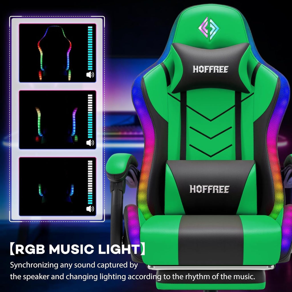 HOFFREE RGB Gaming Chair with Speakers Music Rhythm LED Lights Massage Computer Chair Video Game Chairs for Adults High Back Gamer Chair with Footrest & Lumbar Support Green