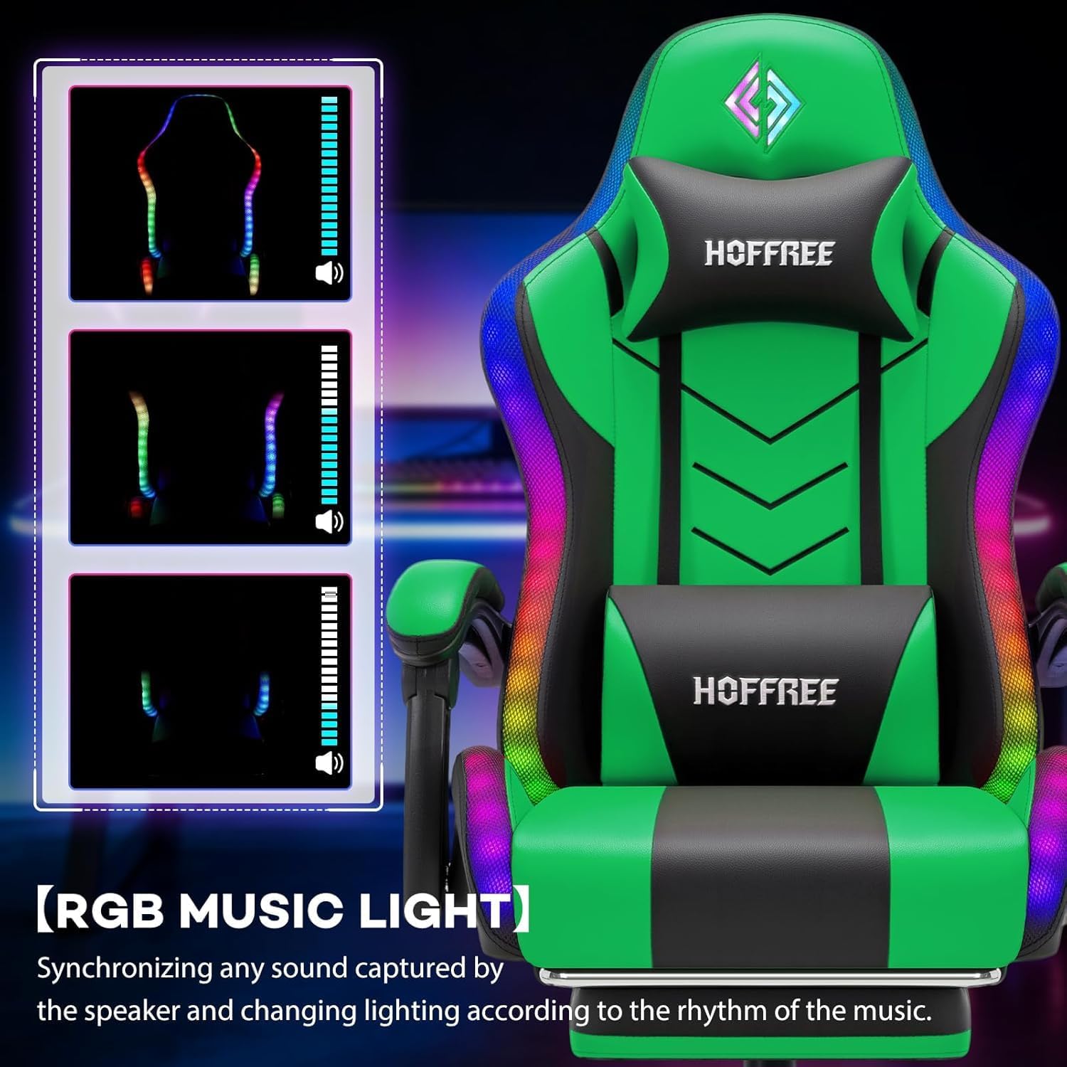 HOFFREE RGB Gaming Chair with Speakers Music Rhythm LED Lights Massage Computer Chair Video Game Chairs for Adults High Back Gamer Chair with Footrest & Lumbar Support Green