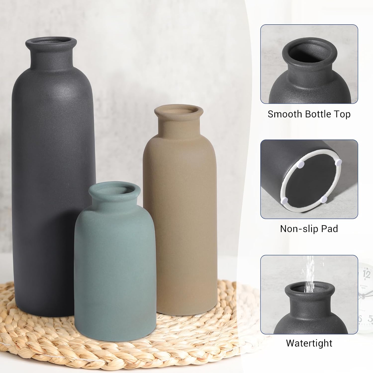 Small Ceramic Vase Set of 3, Boho Modern Flower Vase Room Decor, Farmhouse Decor, Vases for Your Kitchen, Bathroom, Bedroom, Living Room, Office&Shelf Centerpiece Table Decorations Multicolor