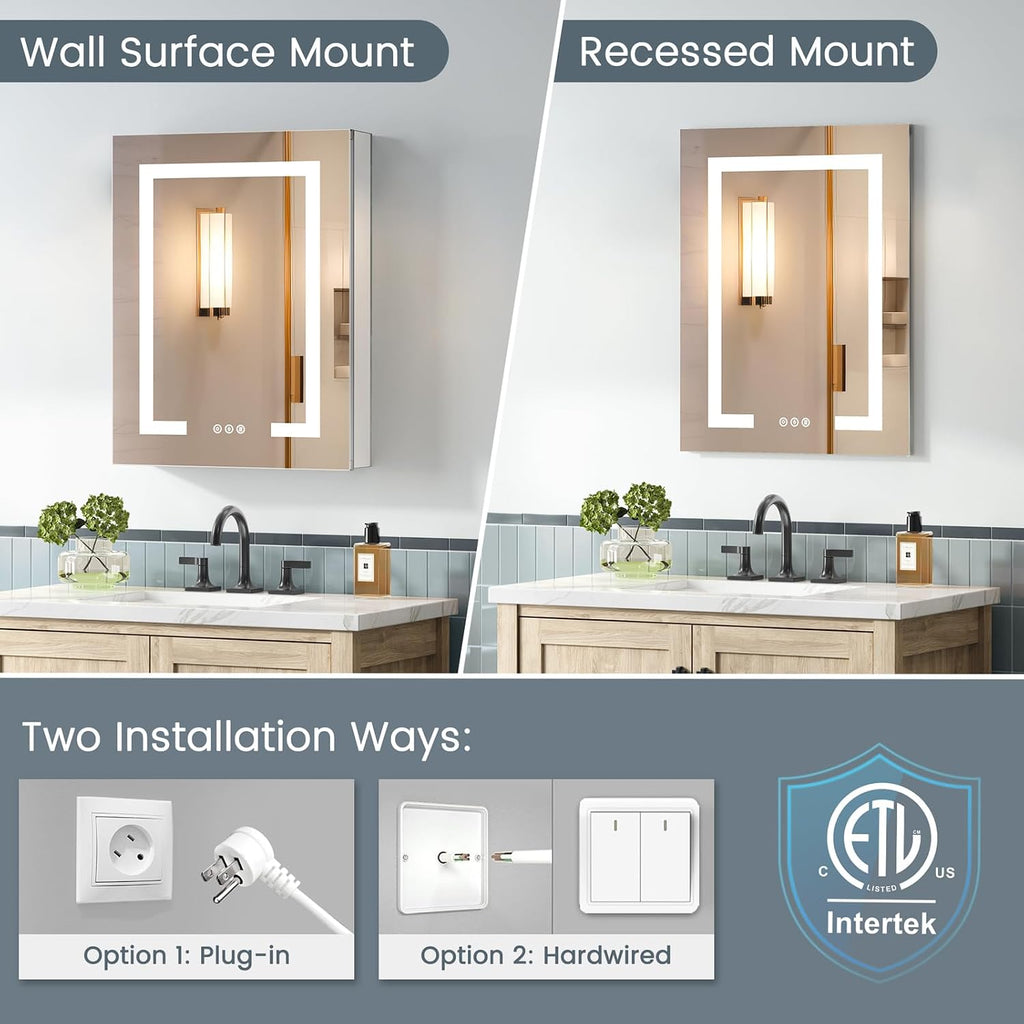 Lighted Medicine Cabinet with Mirror, Plug-in or Hardwired, Anti-Fog/3 Colors/Dimmable, AL Alloy, 2 Outlets & USBs, ETL Listed, Wall Mount or Recessed Bathroom Medicine Cabinet, 20x26 Inch