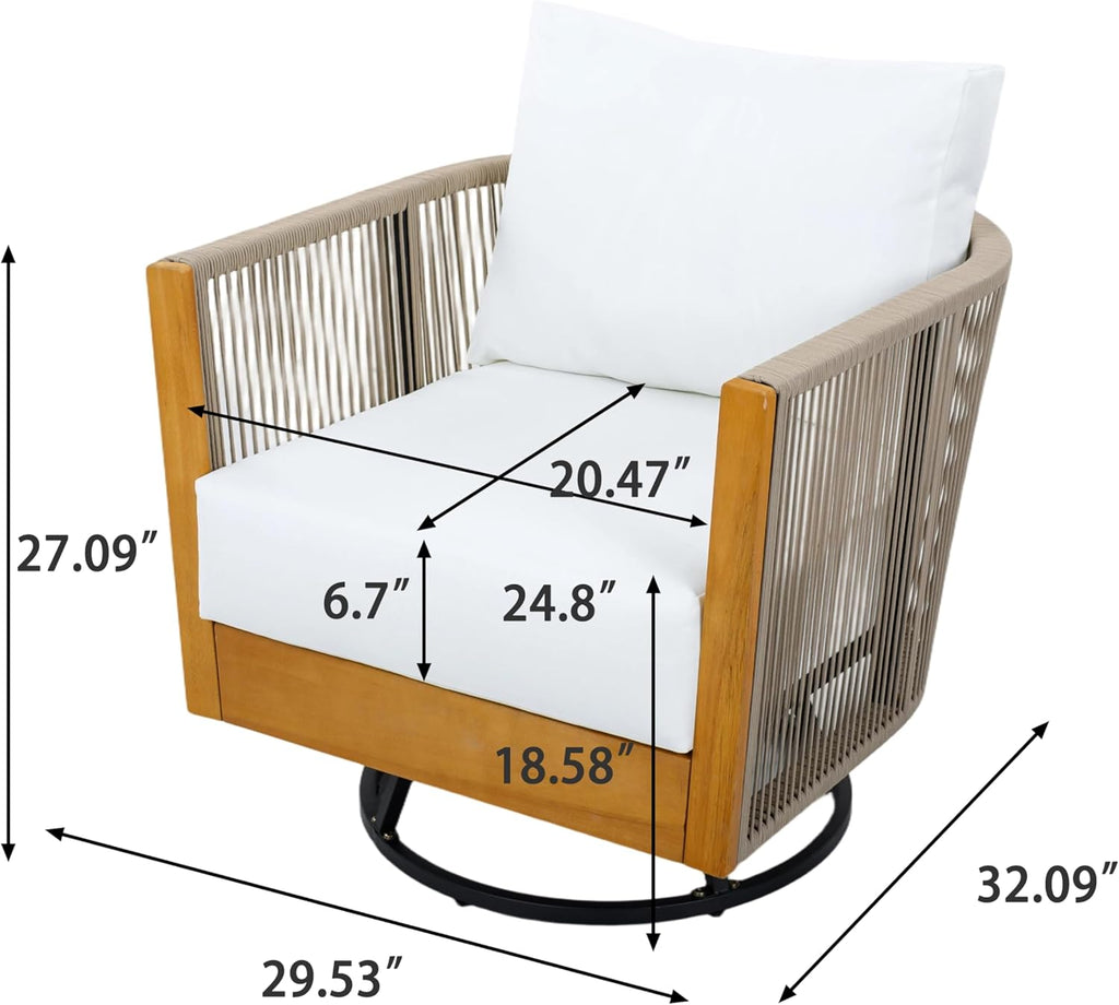 Garden Swivel Chair, Natural Acacia Wood with Handwoven Rope Design, Beige