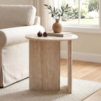 HNY Small Round Side Table Marble Veneer Wood Bedside Table 18" Modern End Table Faux Travertine Finish Accent Table for Living Room, Bedroom, Sofa Side, Reception Room, Luxury Minimalist, Beige