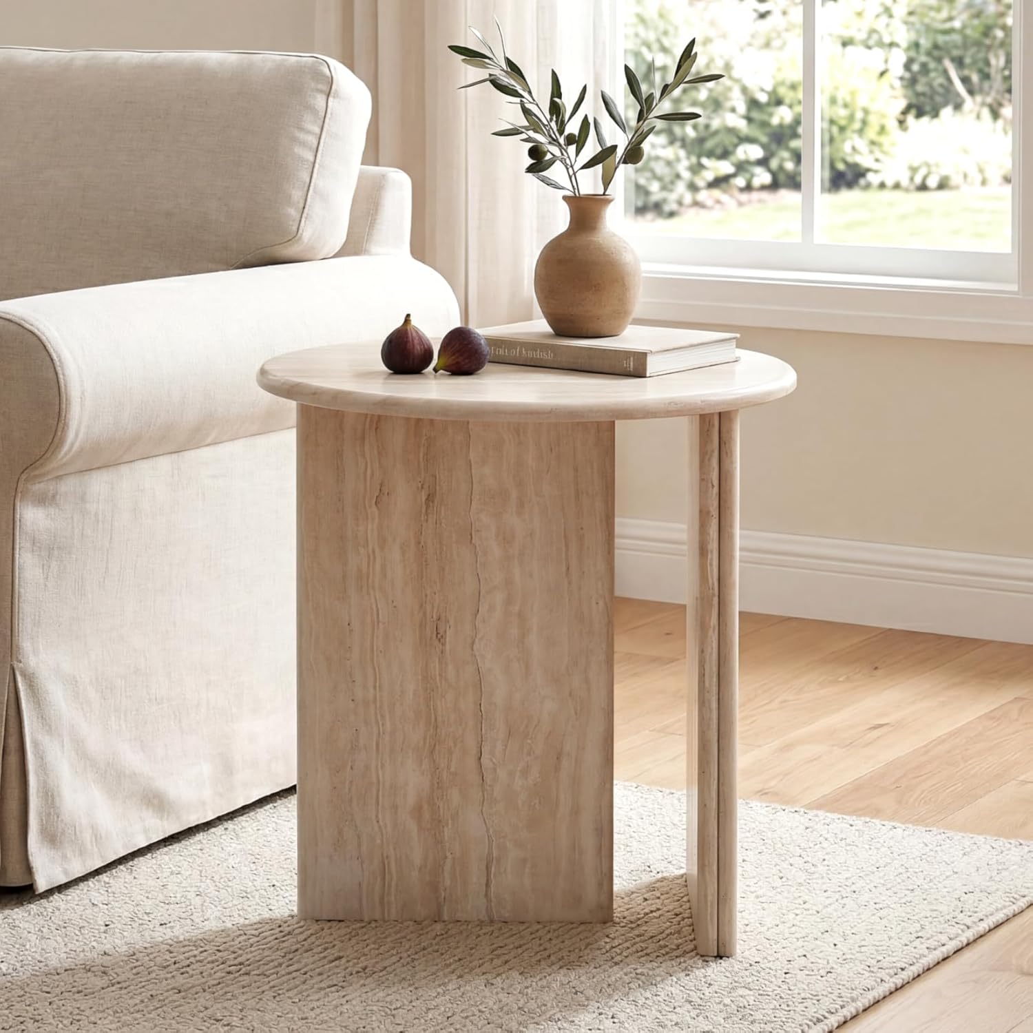 HNY Small Round Side Table Marble Veneer Wood Bedside Table 18" Modern End Table Faux Travertine Finish Accent Table for Living Room, Bedroom, Sofa Side, Reception Room, Luxury Minimalist, Beige