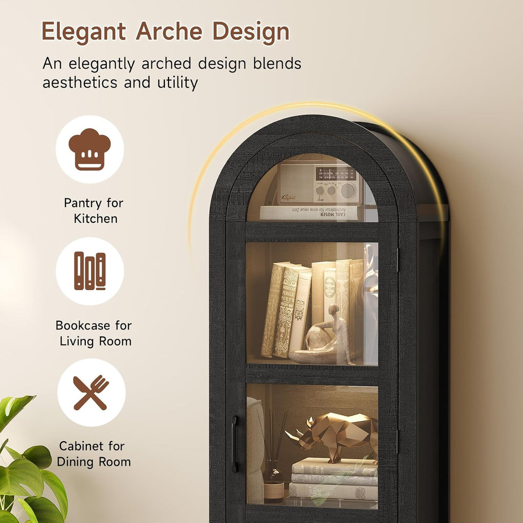 71" Narrow Arched Display Cabinet with Glass Doors, 5-Tier Curio Cabinet with LED Lights for Collectibles, Tall Bookcase Kitchen Pantry Storage Cabinet for Corner, Small Space, Living Room, Black