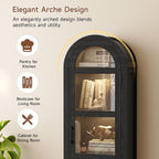 71" Narrow Arched Display Cabinet with Glass Doors, 5-Tier Curio Cabinet with LED Lights for Collectibles, Tall Bookcase Kitchen Pantry Storage Cabinet for Corner, Small Space, Living Room, Black