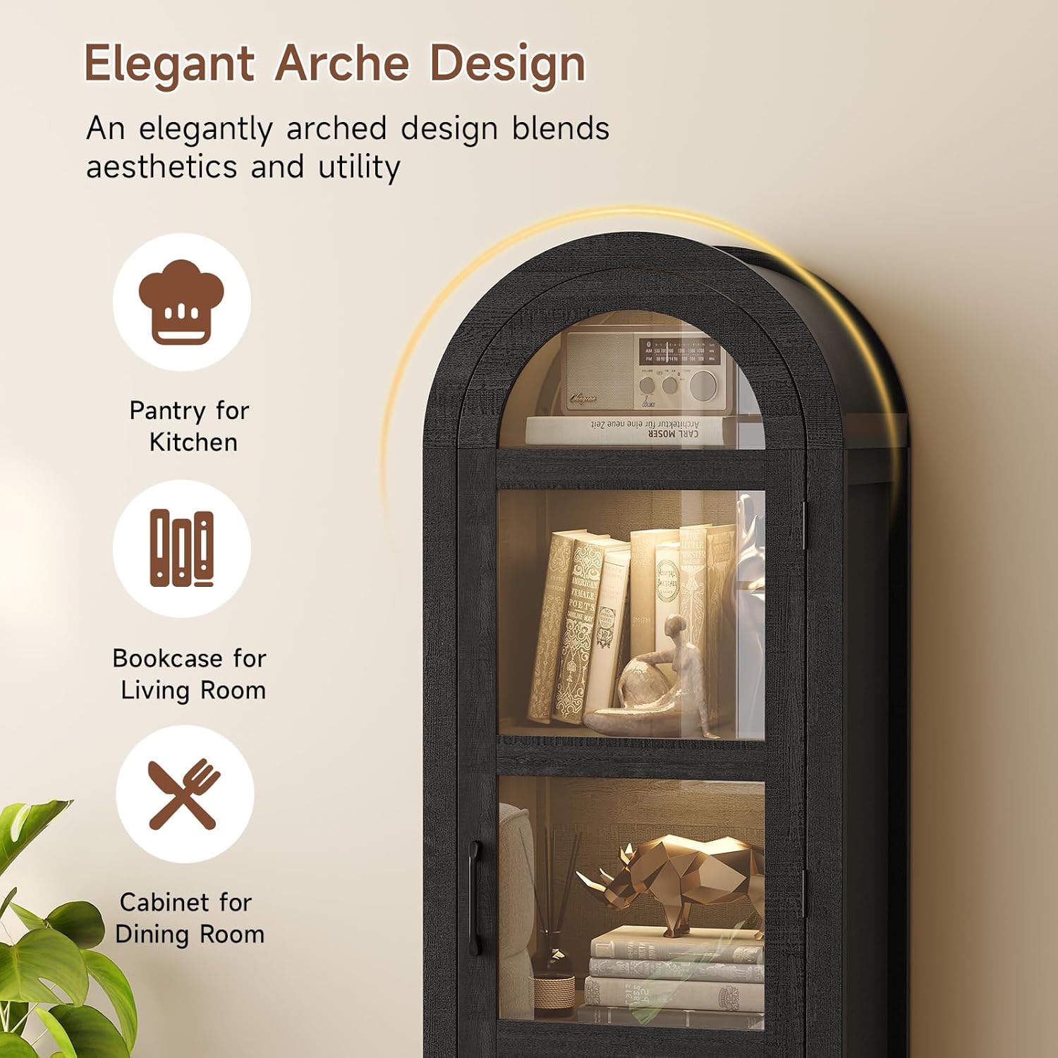 71" Narrow Arched Display Cabinet with Glass Doors, 5-Tier Curio Cabinet with LED Lights for Collectibles, Tall Bookcase Kitchen Pantry Storage Cabinet for Corner, Small Space, Living Room, Black