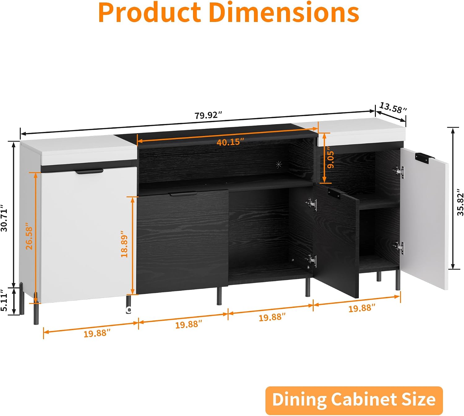 80'' Buffet Sideboard with Storage Farmhouse with 4 Doors, Large Kitchen Storage Cabinet Wood Coffee Bar Cabinet Buffet Table with Open Shelf for Kitchen, Dining Room, Entryway, Black & White