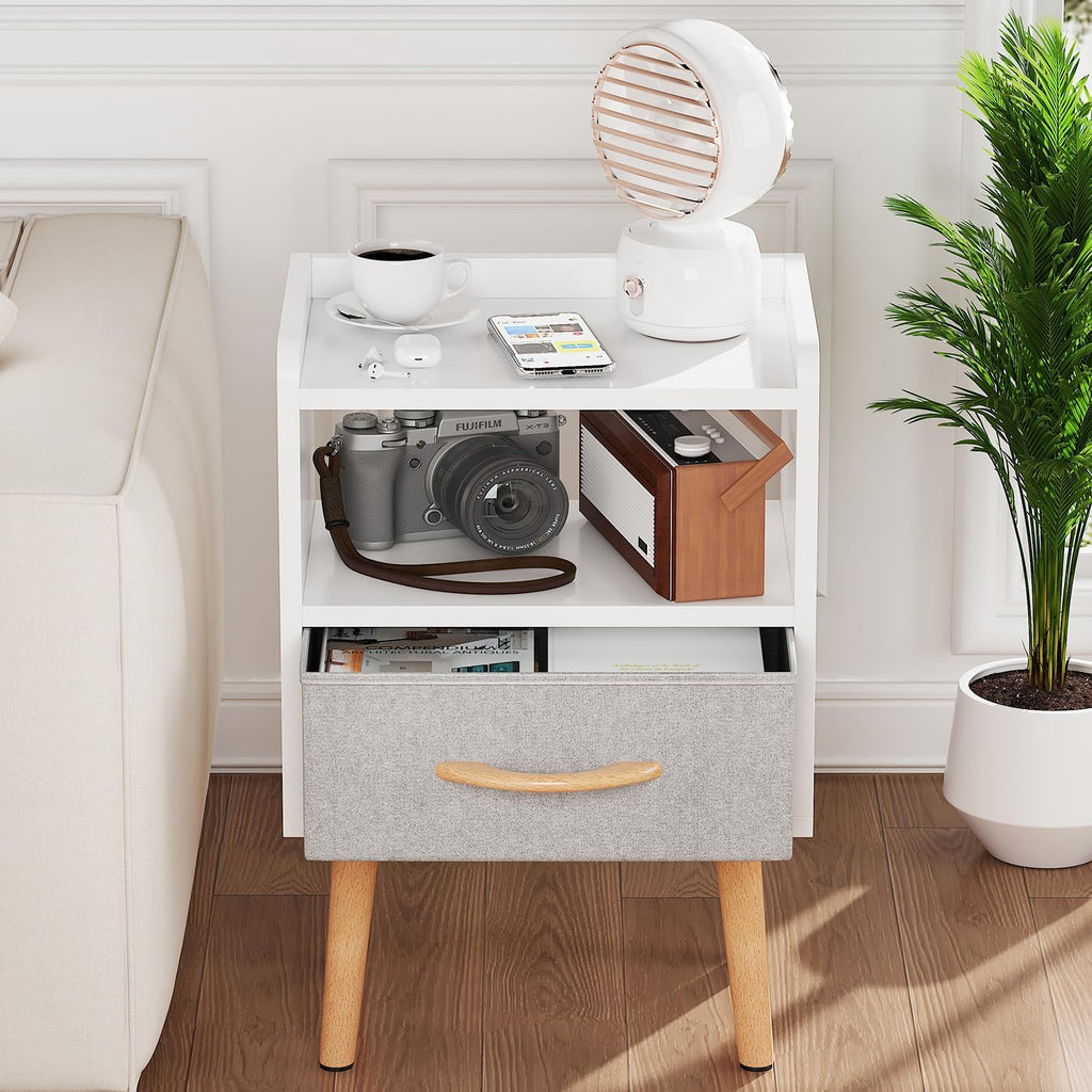 White Nightstand with Drawer, Small Wood Bedside Table, Kids Nightstand | Mid Century Modern Nightstand, Small Bedside Table for Bedroom, Kids Room & Small Spaces.