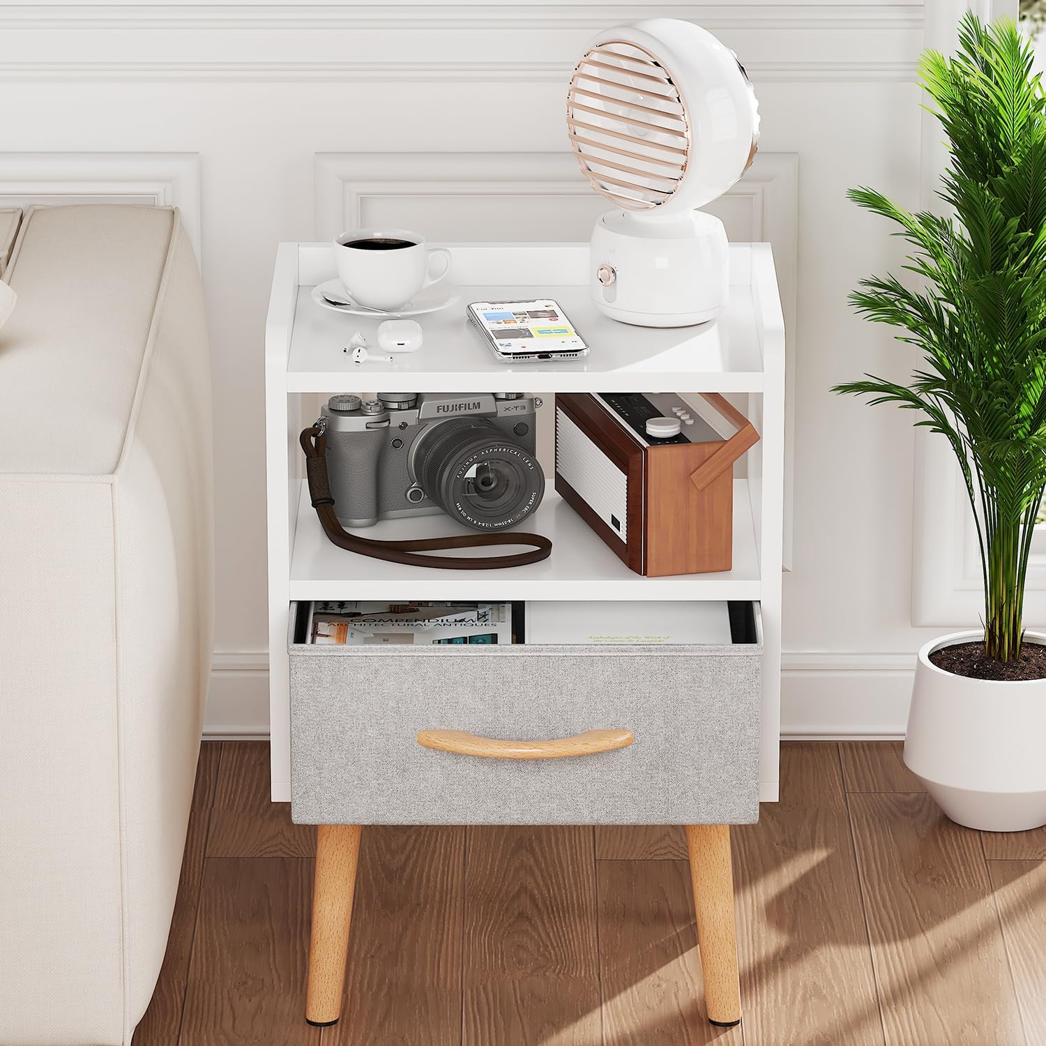 White Nightstand with Drawer, Small Wood Bedside Table, Kids Nightstand | Mid Century Modern Nightstand, Small Bedside Table for Bedroom, Kids Room & Small Spaces.