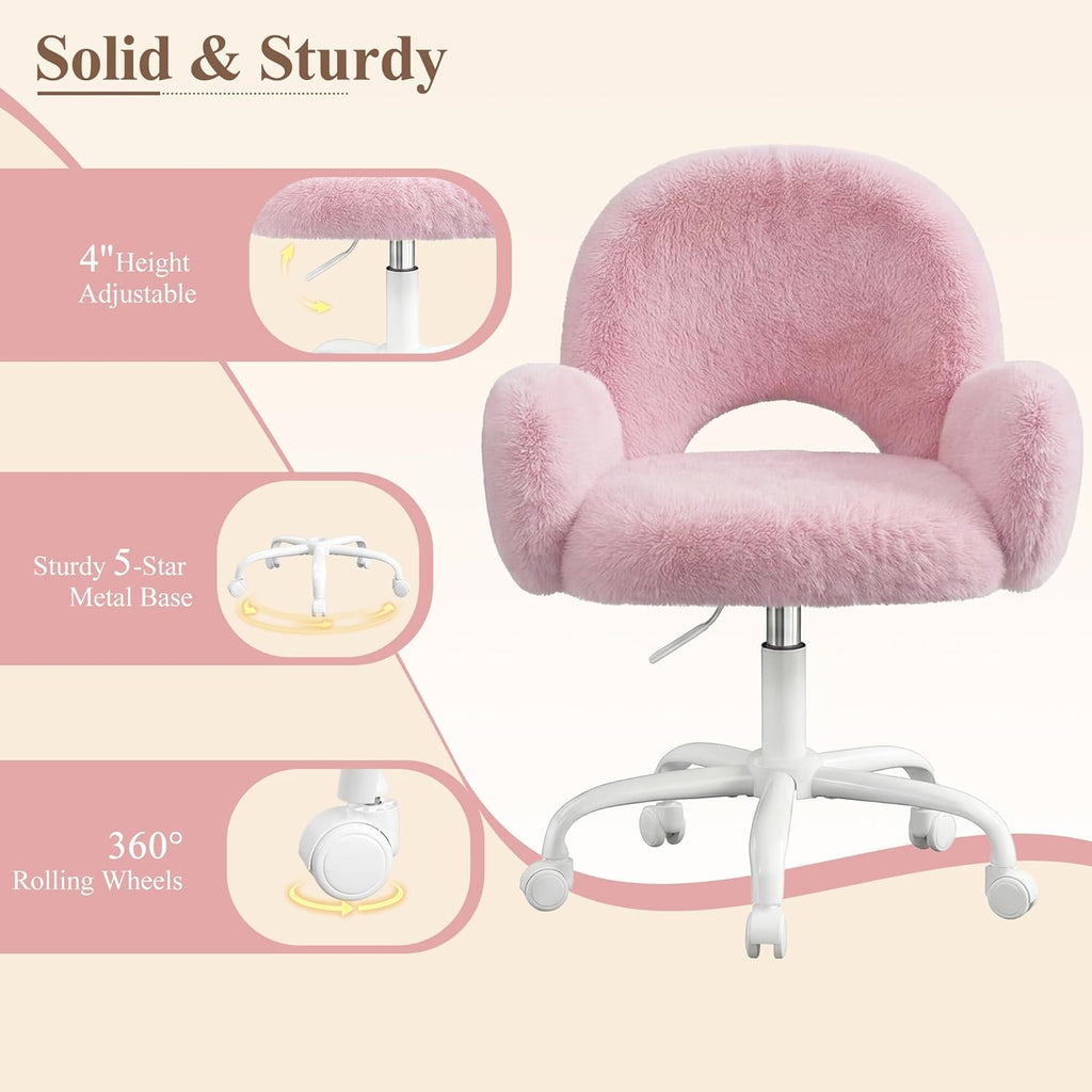 Homkdom Vanity Chair with Round Hollow Back, Pink Desk Chair with Arms & Wheels, Cute Office Chair for Make-up Room, Bedroom, Home Office, Salon, Height Adjustable, Faux Rabbit Fur