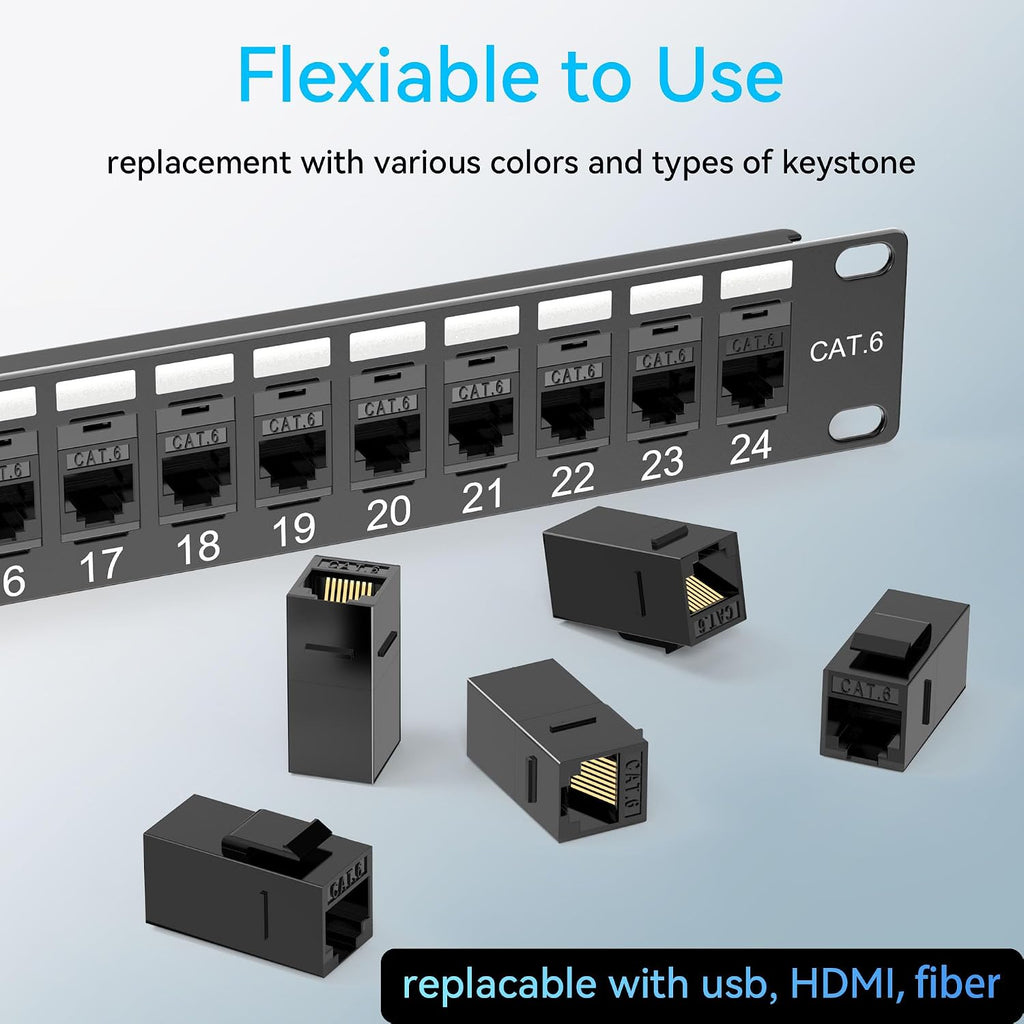 Sokqovt Patch Panel 24 Port Cat6 with Coupler Keystone, Cat6 Network Patch Panel 10G No Punch Down, Time-Saver Ethernet 1U Rj45 Panel with Sturdy Back Bar, 19 Inch Coupler Network Panel