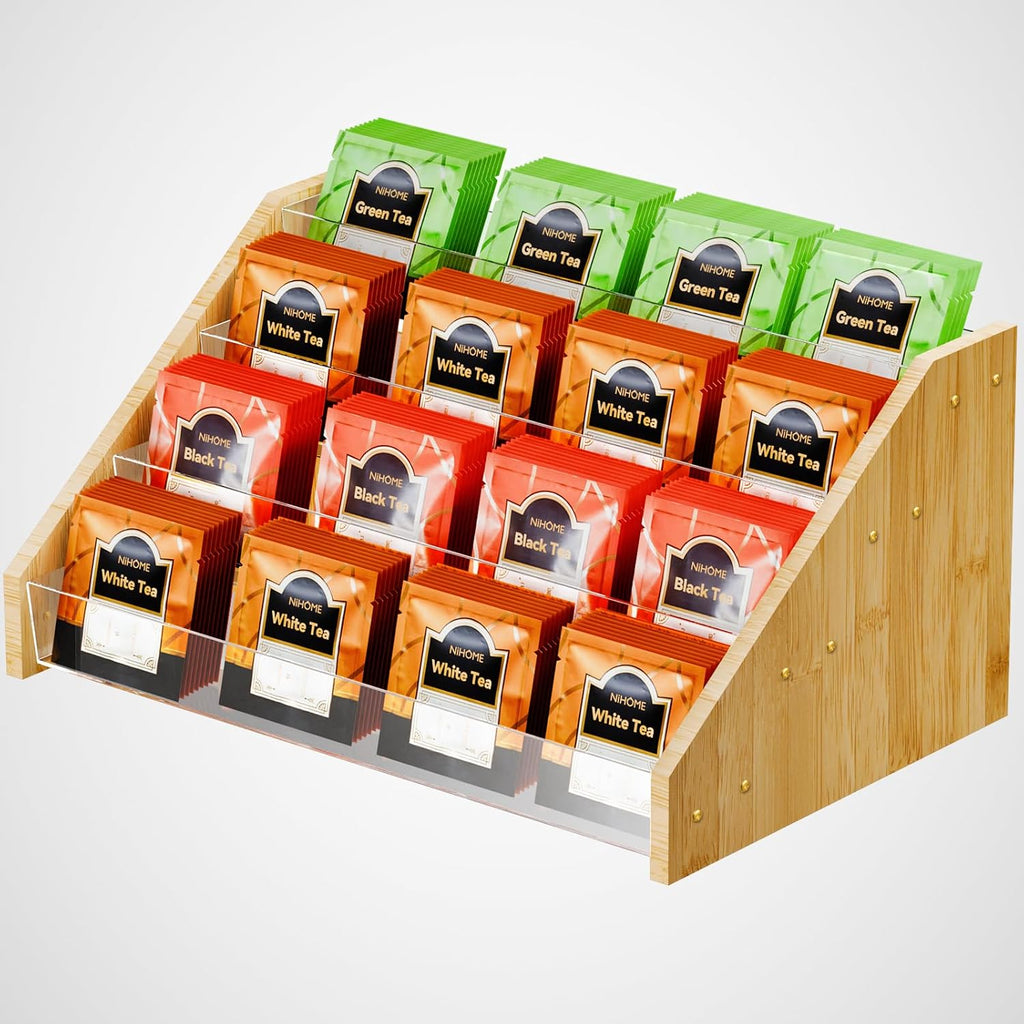 NiHome 4 Layer Tea Bag Organizer, Bamboo & Plastic Tea Storage Holder | 4-Tier Design Tea Storage Organizer Offering Quick and Easy Access, Clear Dividers & Large Capacity, Easy to Assembly