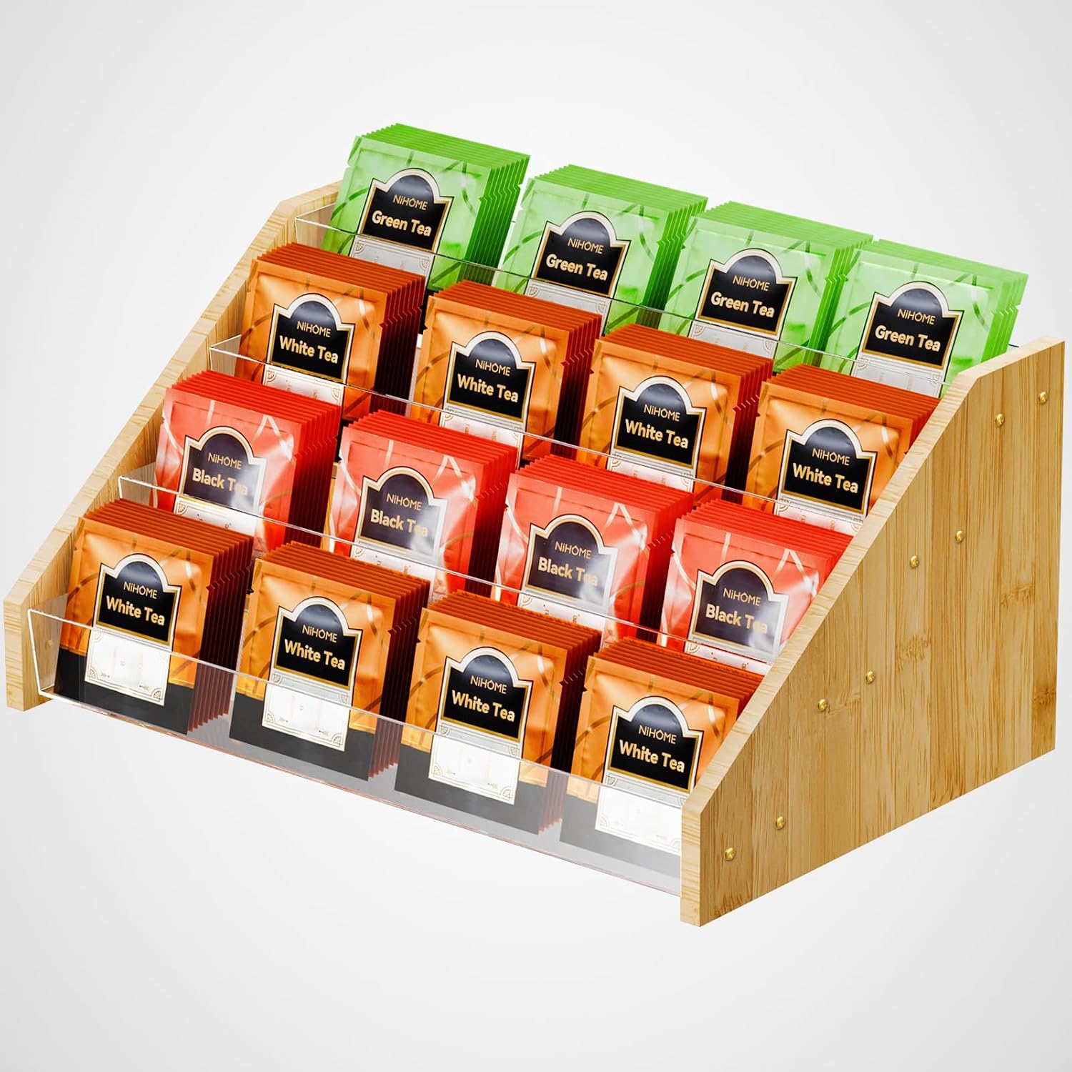 NiHome 4 Layer Tea Bag Organizer, Bamboo & Plastic Tea Storage Holder | 4-Tier Design Tea Storage Organizer Offering Quick and Easy Access, Clear Dividers & Large Capacity, Easy to Assembly