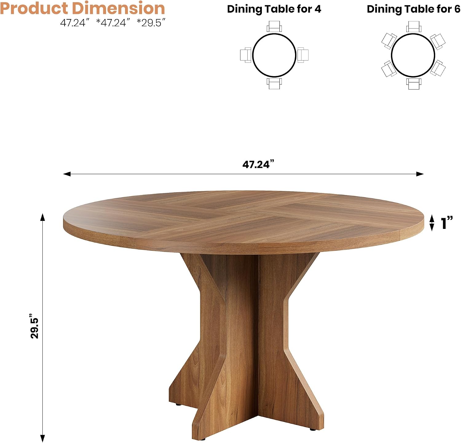 Garvee Round Dining Table for 4-6 People - 47" Circle Kitchen Dinner Table with Sturdy Pedestal Base, Small Spaces Dinning Room Furniture for Living Room, Kitchen, Apartment, Brown