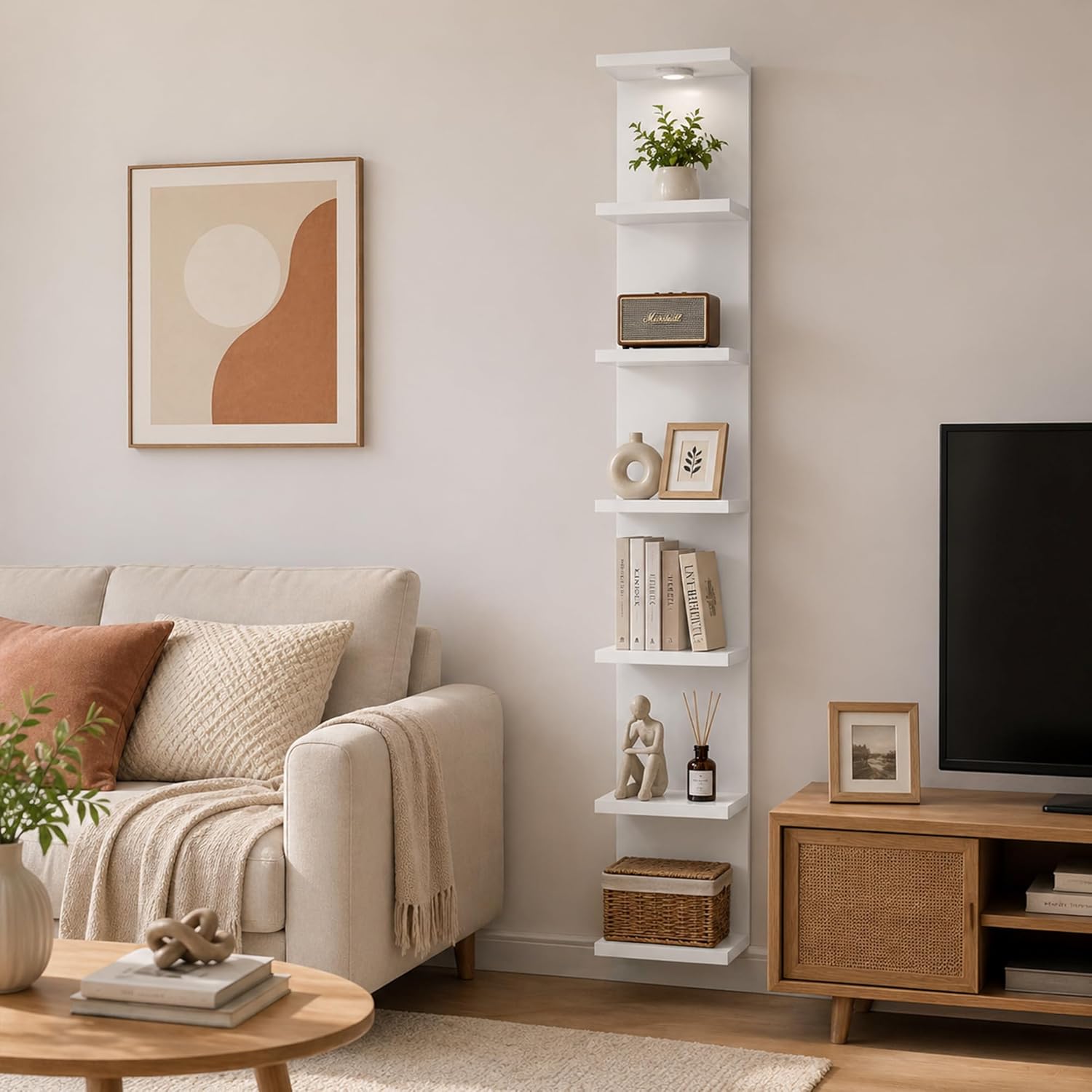 Yuyetuyo 7 Tier Floating Wall Shelf, White Floating Shelves for Wall with LED Light, Versatile Wall Shelf Unit for Bedroom Living Room Bathroom, Lack Shelf for Home Organizer Display