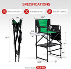 OmySalon 31" Extra Tall Director Chair w/Side Table, Heavy-Duty Steel Frame Portable Folding Bar Stool w/Storage Pockets, for Makeup Artist, Salon, Studio, Camping, 300 lbs Capacity (Green)