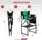 mefeir 45.7" Extra Tall Director Chair w/Side Table, Heavy-Duty Steel Frame Portable Folding Bar Stool w/Storage Pockets, for Makeup Artist, Salon, Studio, Camping, 300 lbs Capacity (Green)