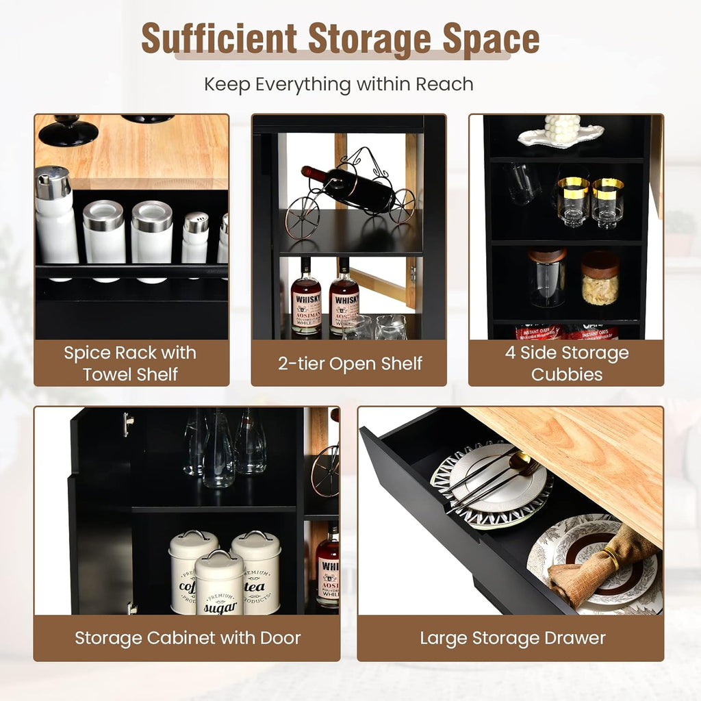 Giantex Kitchen Island Cart Drop-Leaf Countertop, Rubber Wood Breakfast Dining Table w/Large Drawer, Storage Shelves, 4-Tier Spice Rack, Rolling Serving Cart on 5 Wheels for Home Coffee Bar (Black)
