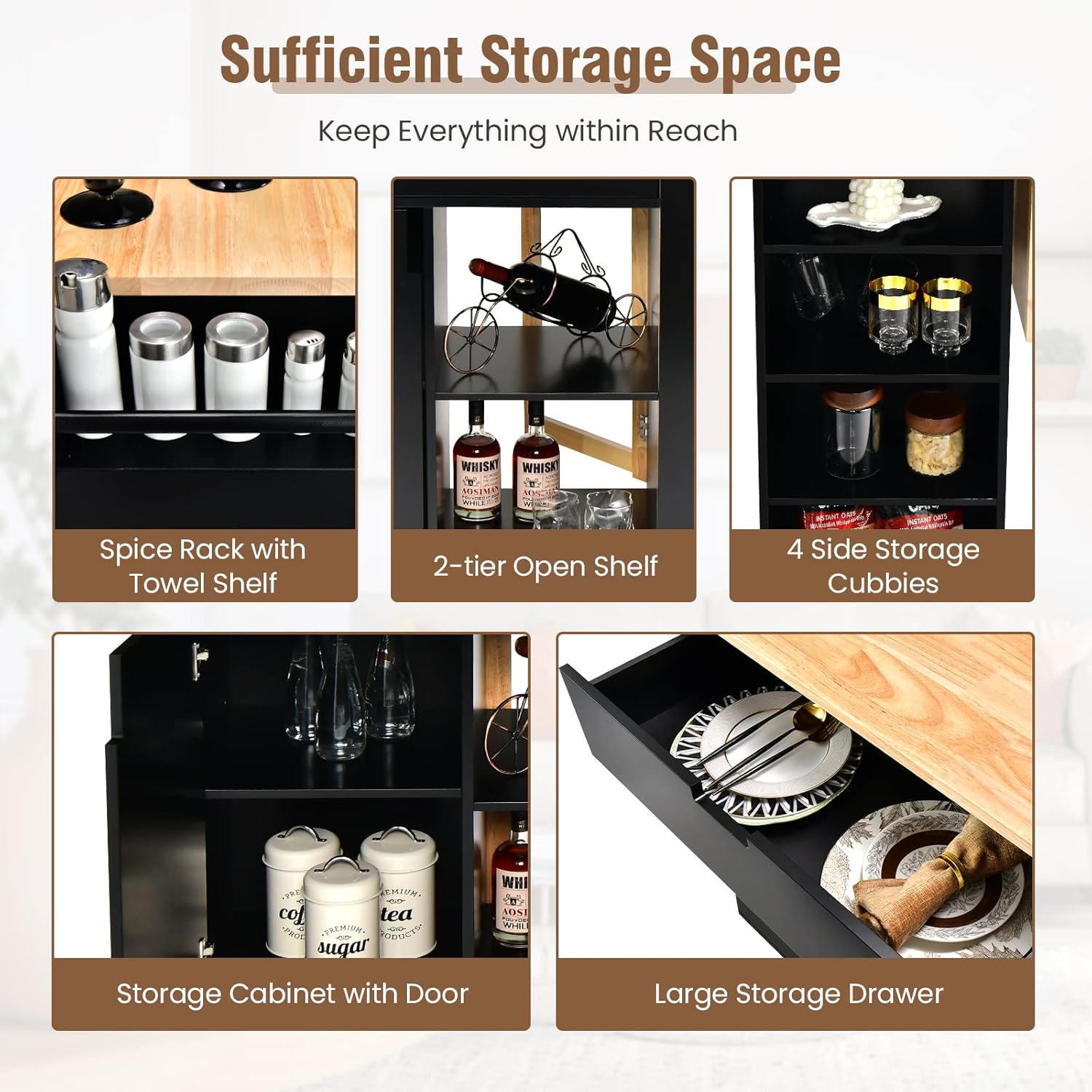 Giantex Kitchen Island Cart Drop-Leaf Countertop, Rubber Wood Breakfast Dining Table w/Large Drawer, Storage Shelves, 4-Tier Spice Rack, Rolling Serving Cart on 5 Wheels for Home Coffee Bar (Black)