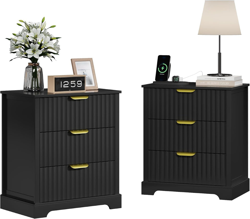Fluted Nightstand Set of 2, 3 Drawers Modern | Metal Handles, Large Bedside Table, Bedroom, Charging Stations With USB-C Port, Black