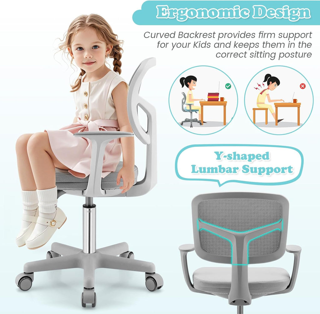 Giantex Kids Desk Chair, Ergonomic Adjustable Teen Task Chair w/Y-Shaped Lumbar Support, Armrest & Universal Wheels, Mesh Kid Office Chair for Sturdy, Kids Computer Chair for Boys & Girls 4-12, Grey