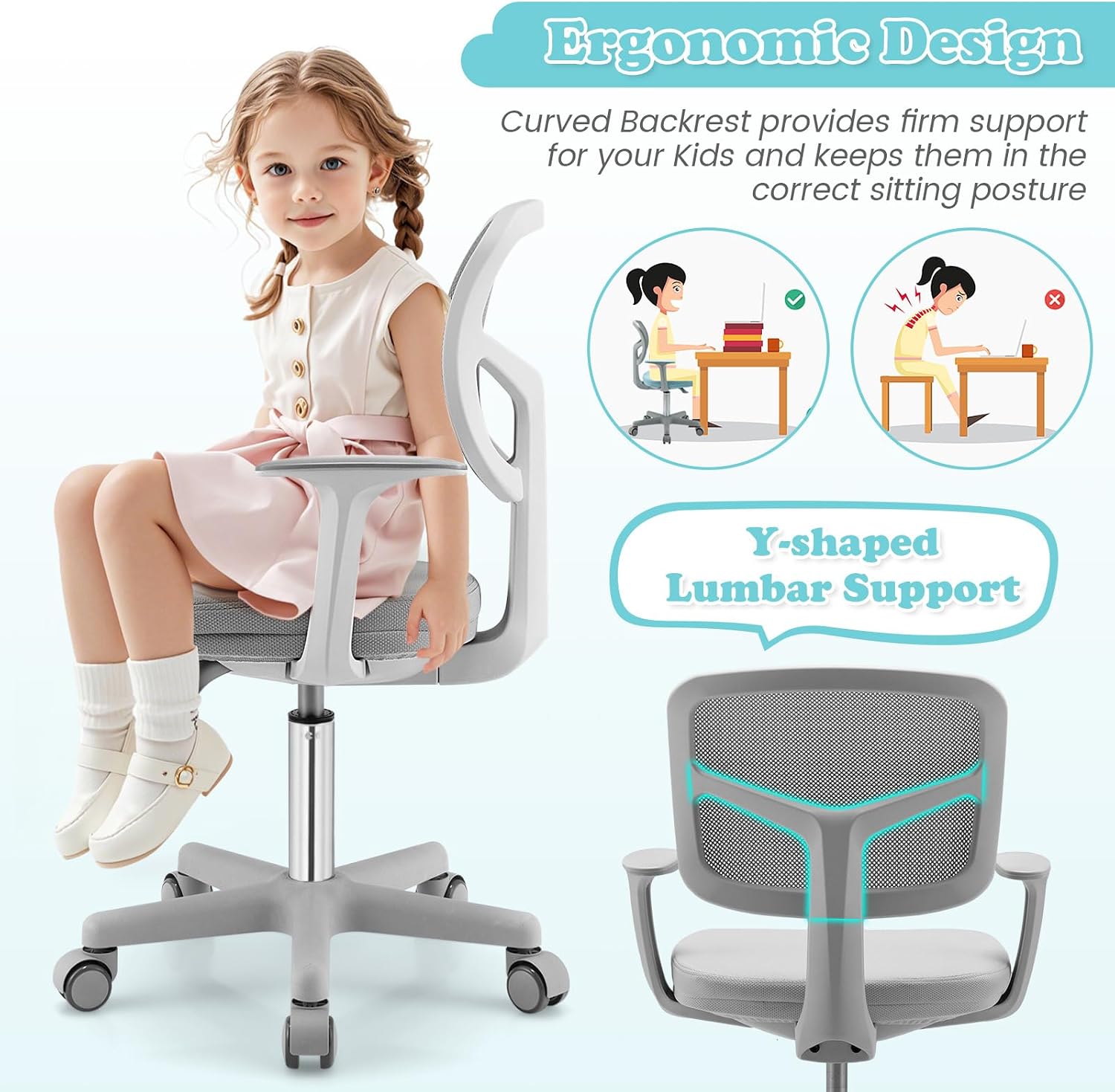 Giantex Kids Desk Chair, Ergonomic Adjustable Teen Task Chair w/Y-Shaped Lumbar Support, Armrest & Universal Wheels, Mesh Kid Office Chair for Sturdy, Kids Computer Chair for Boys & Girls 4-12, Grey
