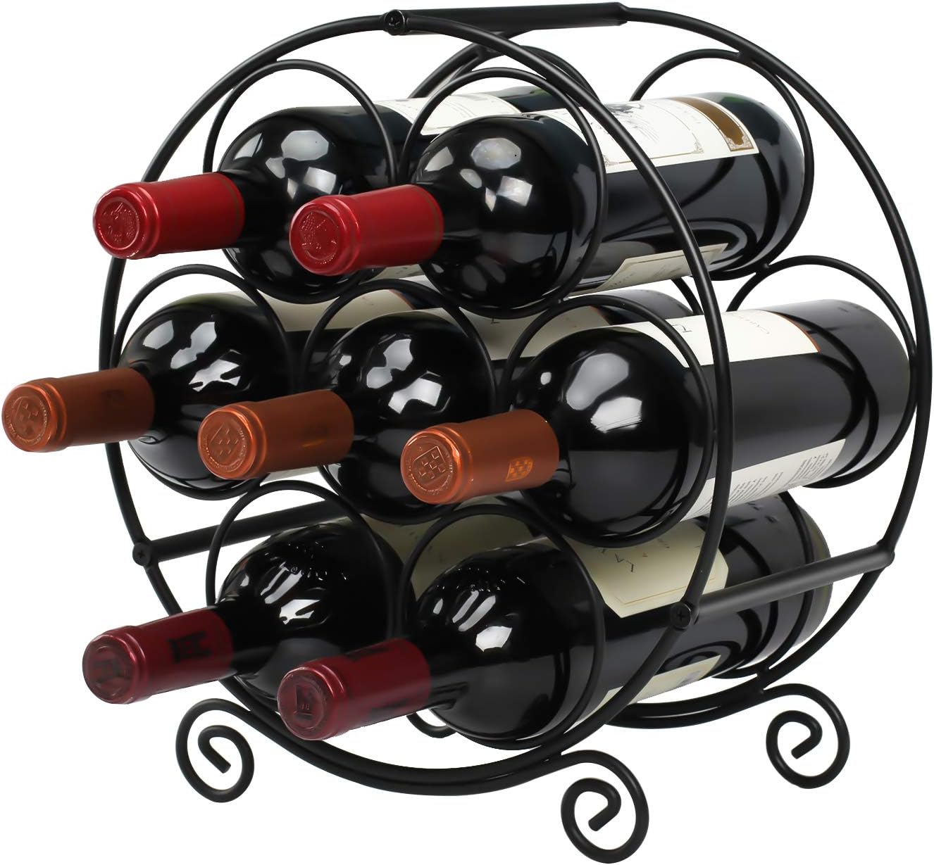 TreeLen Wine Racks Countertop, 7 Bottles Wine Organizer Stand, Metal Free Standing Wine Storage Holder, Water Bottle Holder Stand-Black