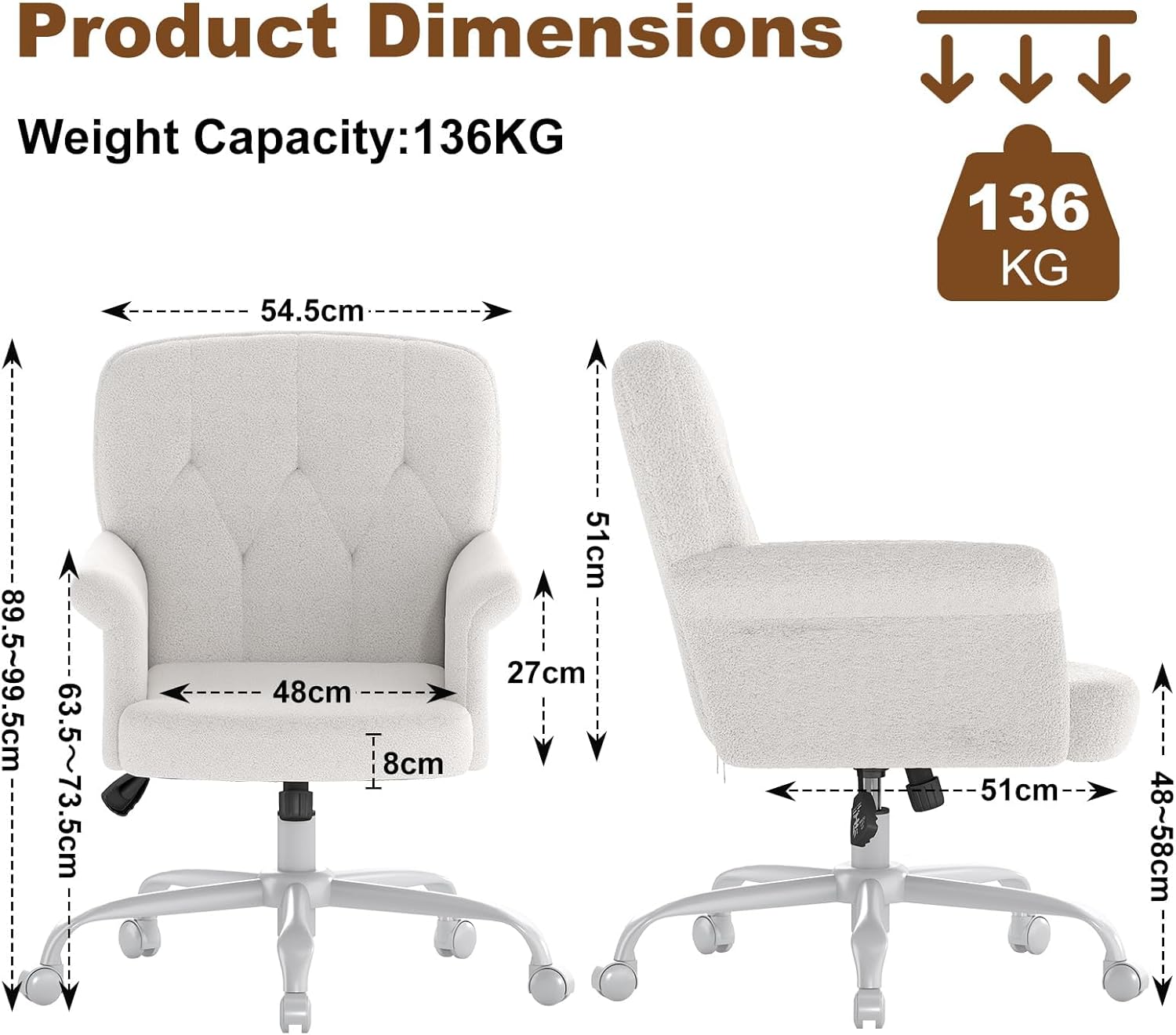 Comfy Home Office Desk Chair, Upholstered Fuzzy Vanity Chair with Wheels and Arms, Modern Adjustable Swivel Computer Seat for Make Up, Home Office, Living Room, Bedroom, Teddy Fleece, White
