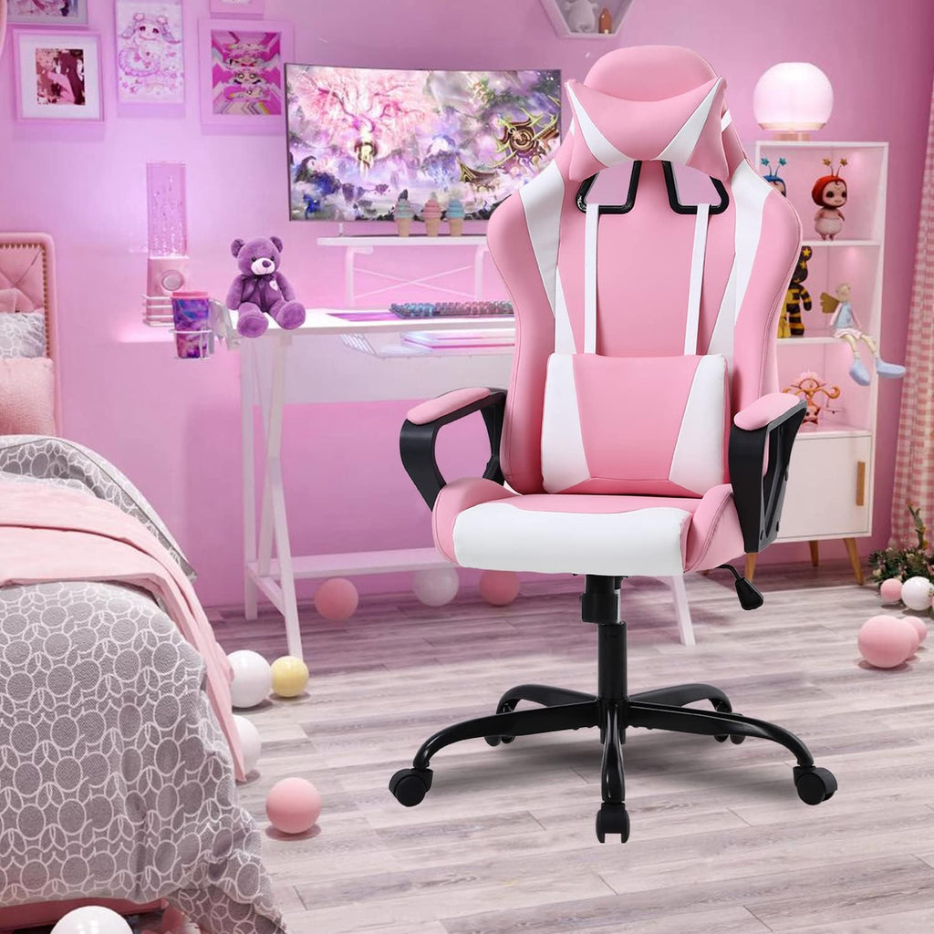High Back Ergonomic Leather Office Chair - Adjustable Swivel Desk Chair with Lumbar Support and Headrest for Back Pain - Adults & Teens (Pink)