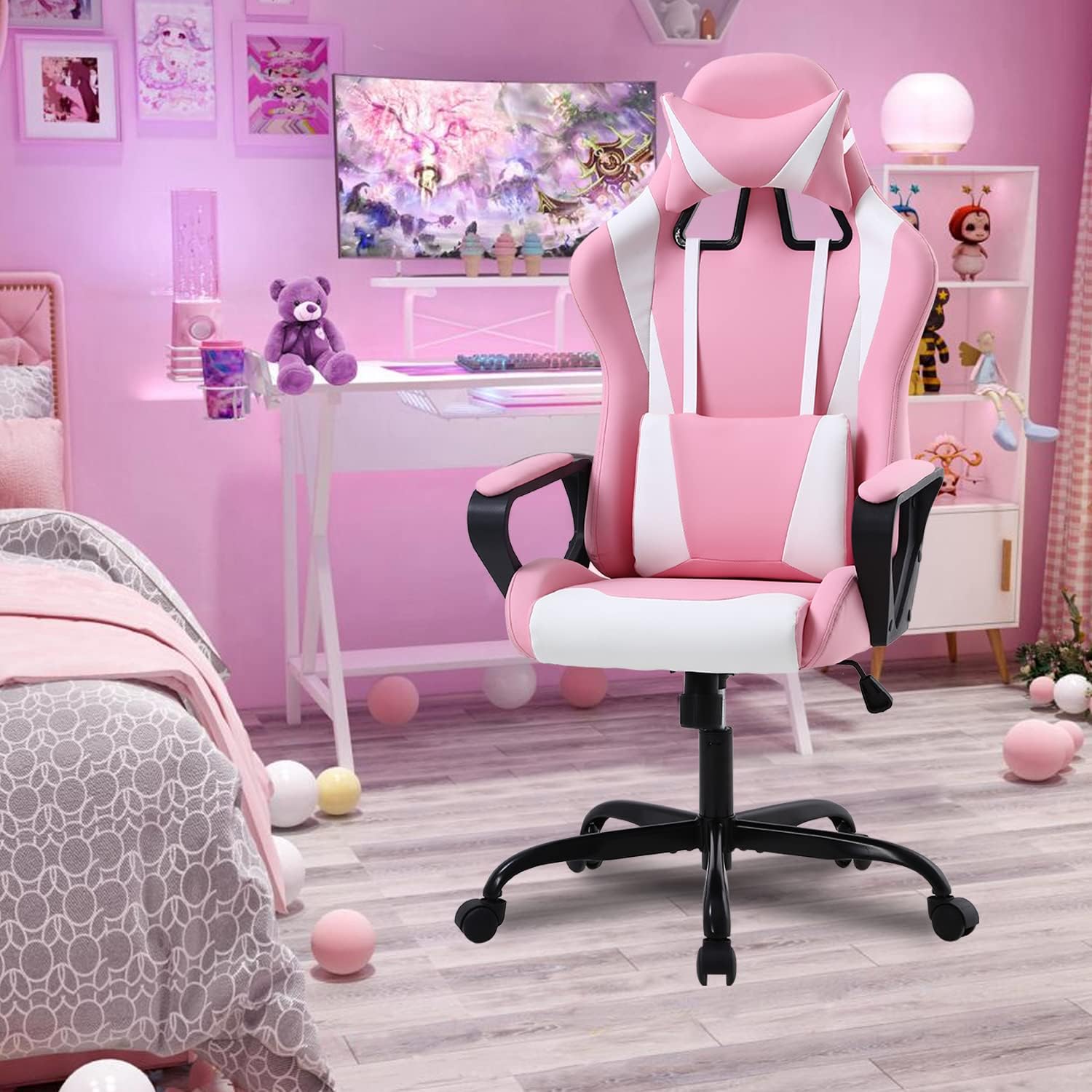 High Back Ergonomic Leather Office Chair - Adjustable Swivel Desk Chair with Lumbar Support and Headrest for Back Pain - Adults & Teens (Pink)
