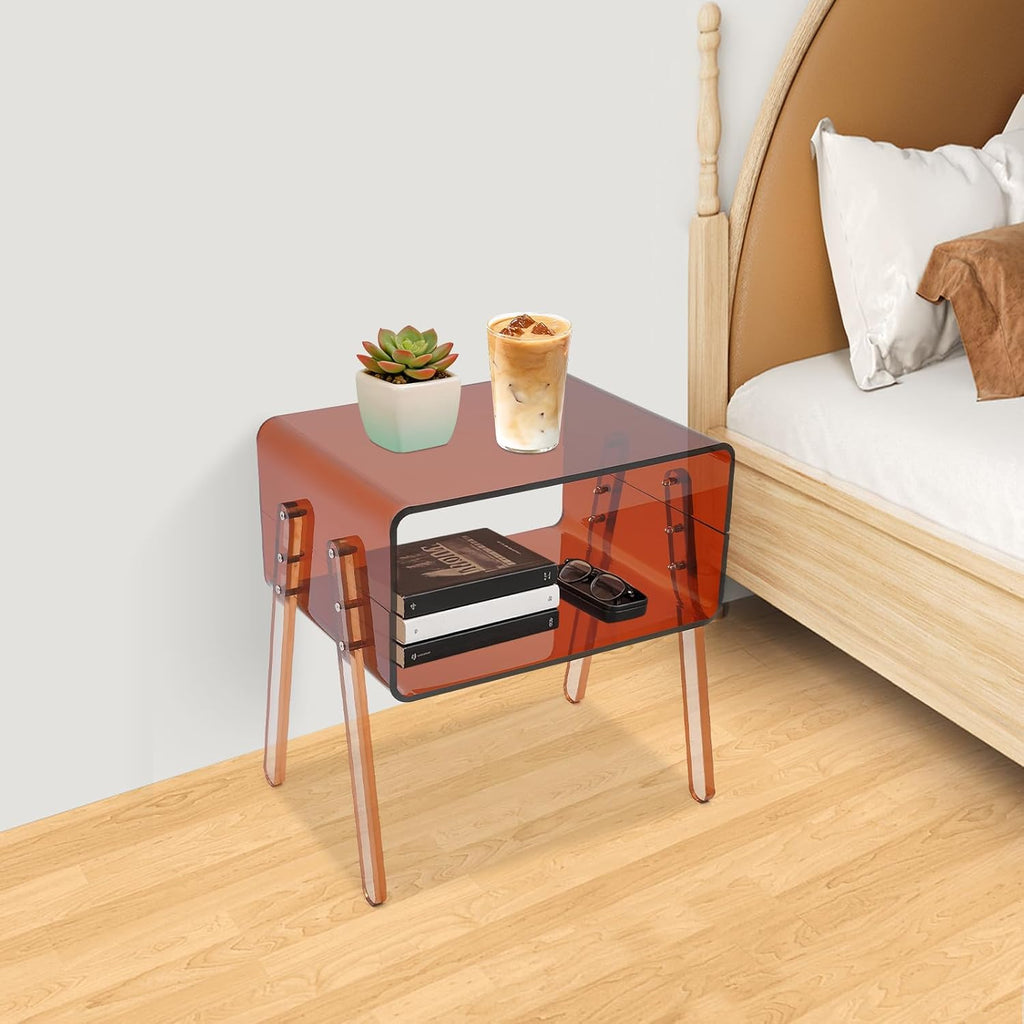 TFCFL Acrylic Side Table, Clear Record Player Table, 2-Tier End Table with Open Storage for Small Spaces, Nightstand Bedside Table for Bedroom, Living Room, 15.75" W X 11.81" D X 17.01" H (Brown)