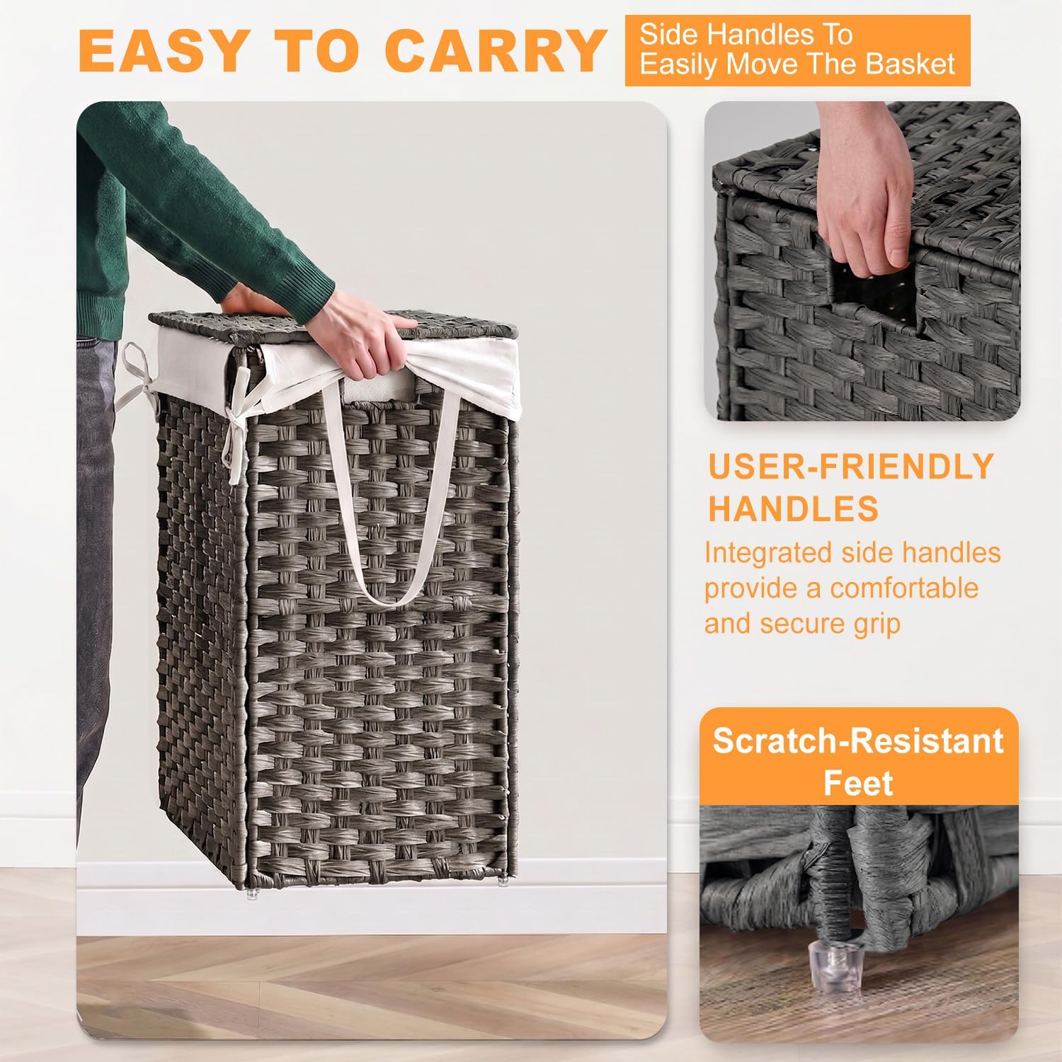 FDW Handwoven Laundry Hamper with Lid, 110L Foldable Rattan Clothes Basket with 2 Removable Liners & 6 Mesh Laundry Bags for Bathroom Bedroom, Grey
