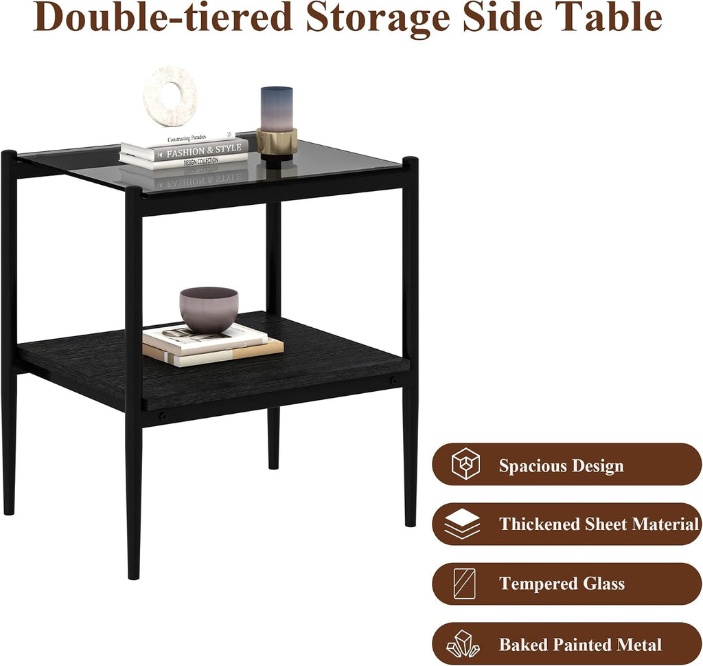 Set of 2 Rectangle Modern Glass End Table,Tempered Glass Top, Sofa Side Table with MDF Storage Shelf and Metal Legs,Modern Table for Living Room and Bedroom,Grey Glass/Black