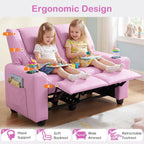 Olakids Kids Recliner, Double Toddler Lounge Chair with 105° to 150° Adjustable Backrest Cup Holder Footrest Side Pockets, PU Leather Children Couch (Pink)
