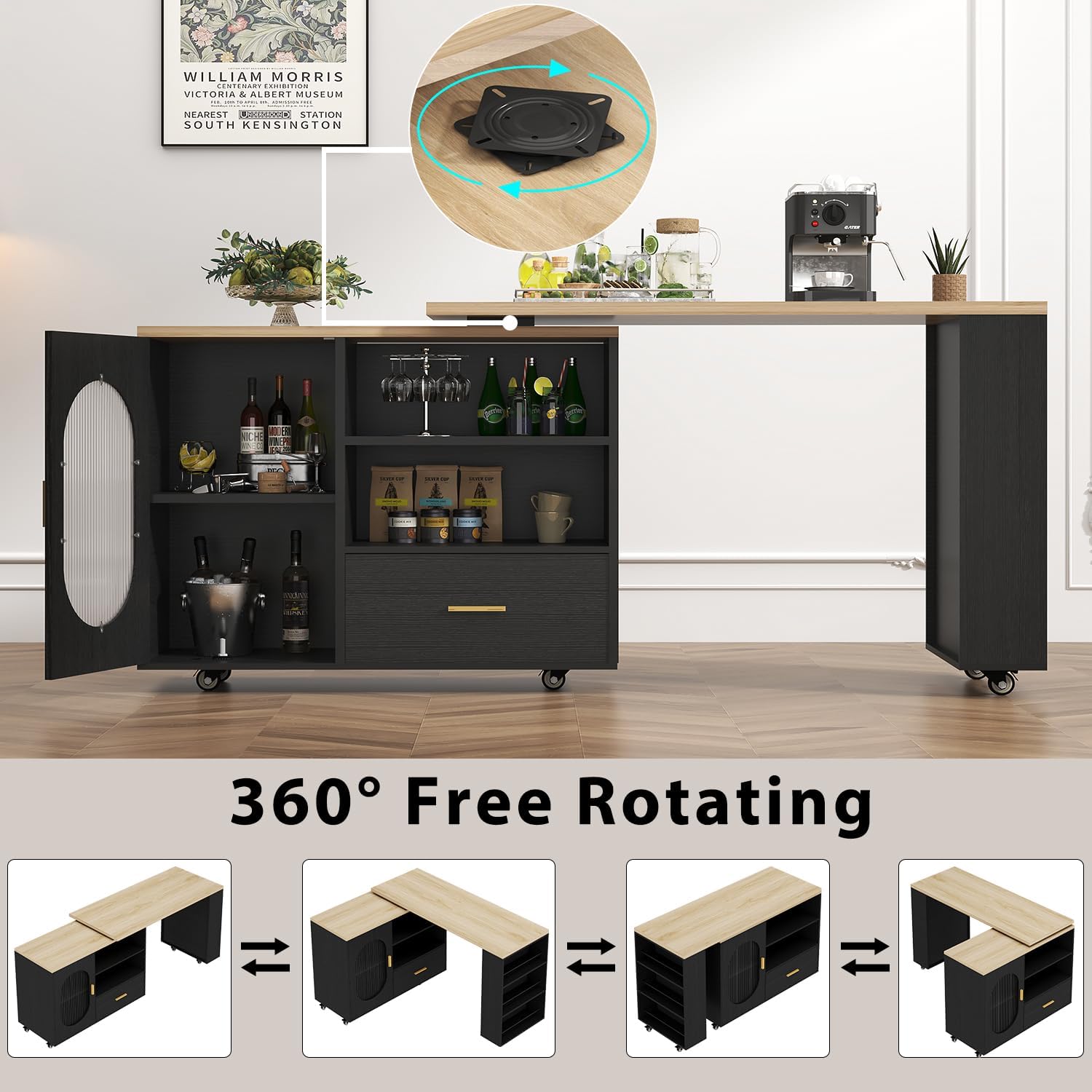 HSH 72" Rolling Kitchen Island with Seating, 360° Swivel Table, Kitchen Island with Storage Cabinet, Drawer & Shelves, Farmhouse Mobile Island Cart on Wheels for Dining Room & Home Bar, Black Oak