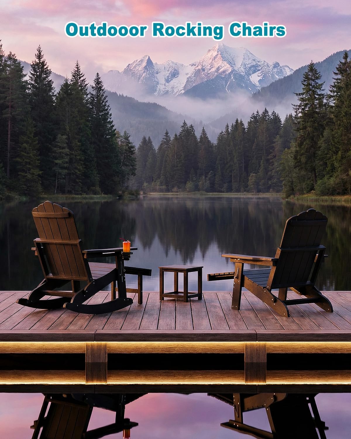 Adirondack Rocking Chairs with Retractable Ottoman & Cup Holders, 6-in-1 Folding HDPE Outdoor Rockers for Patio, Porch, Lawn, Black
