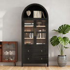 71" Tall Arched Kitchen Pantry, Modern Farmhouse Storage Cabinet with 2 Glass Doors, Adjustable Shelves, Rustic Wood Cupboard with 2 Drawers for Kitchen, Dining Room, Black